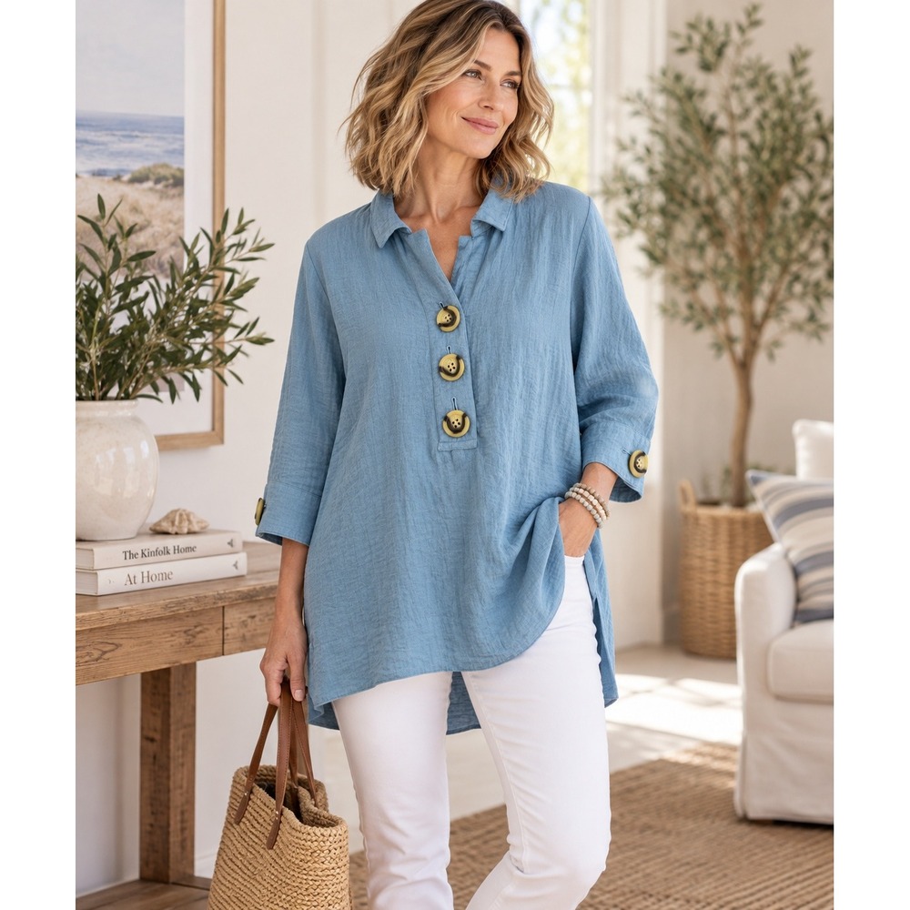 John Mark Women's Small Blue Textured Tunic Top Oversized Buttons 3/4 Sleeve